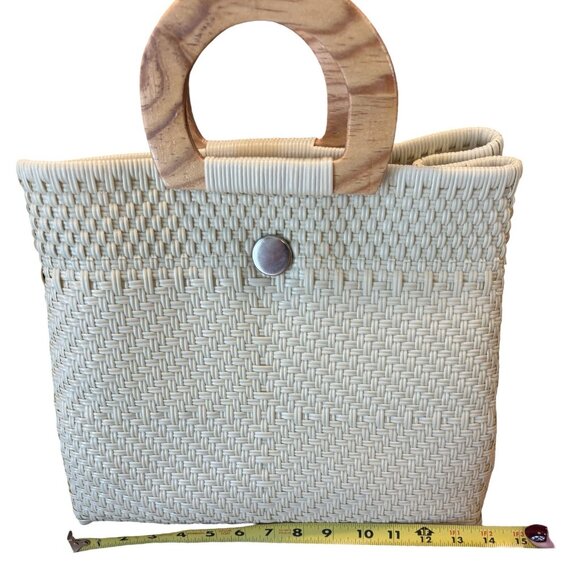 Women’s Woven Tote Wicker/Rattan Style Ivory Wooden Handle Med-large Chic Modern - Picture 6 of 8